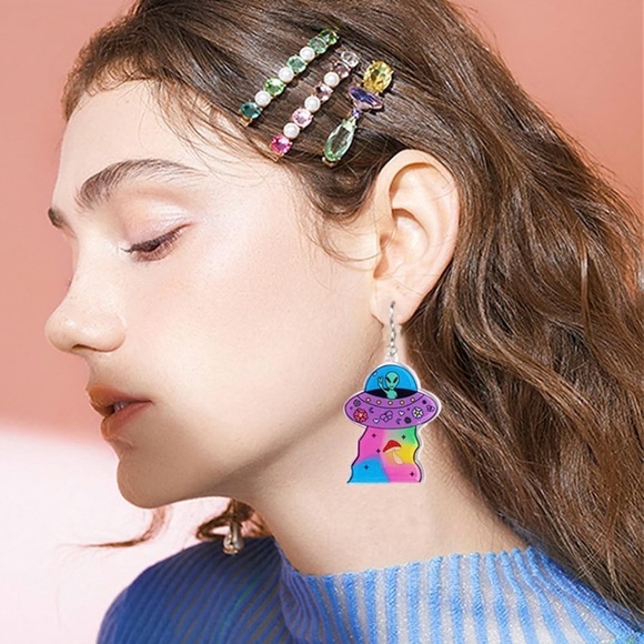 Colorful Alien UFO Acrylic Earrings – Halloween Weirdcore Space Jewelry - Picture 8 of 13